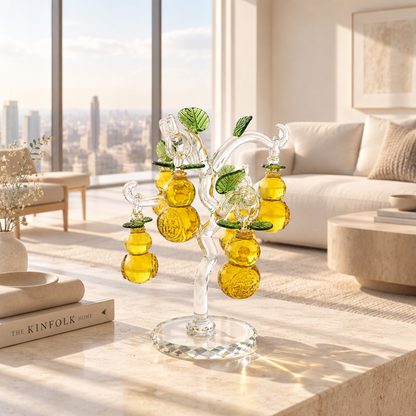Aura & Hues Crystal Fortune Gourd Tree Handcrafted Yellow Wu Lou Sculpture for Feng Shui Good Luck Living Room Office Decor & Festive Gifting