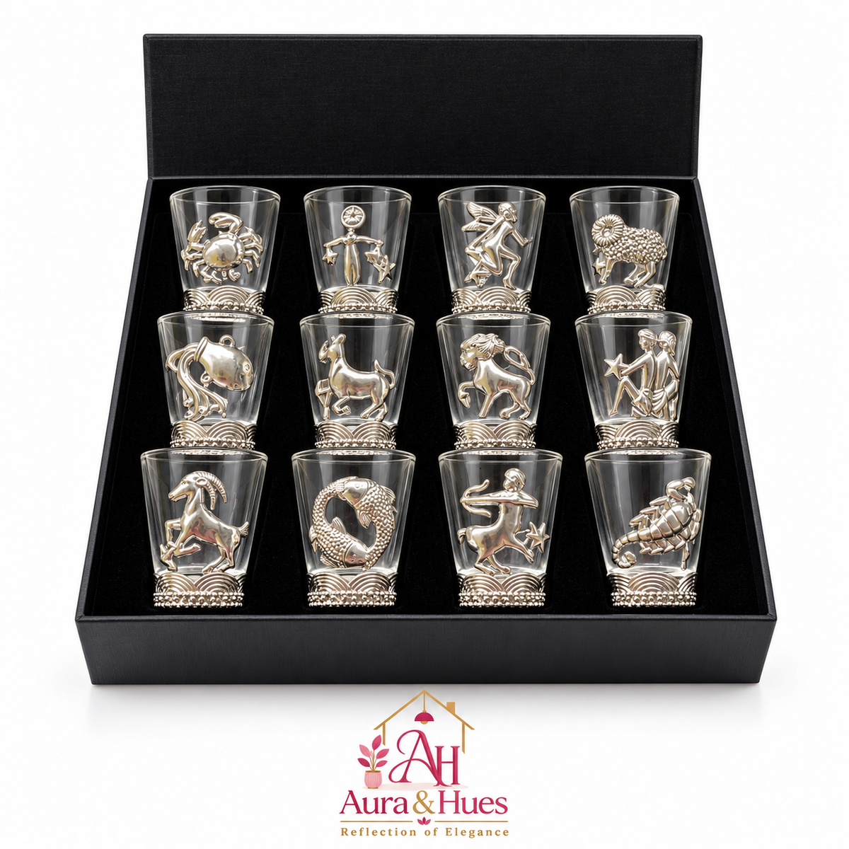 Aura & Hues 12-Piece Zodiac Sign Silver Whiskey Glass Set - 300ml Luxury Barware