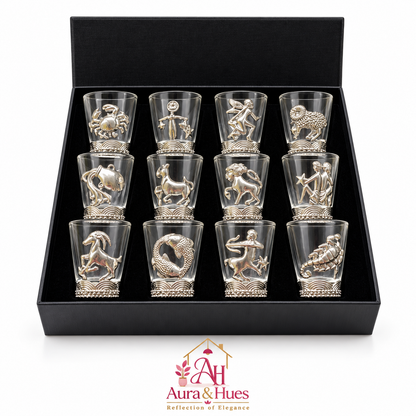 Aura & Hues 12-Piece Zodiac Sign Silver Whiskey Glass Set - 300ml Luxury Barware