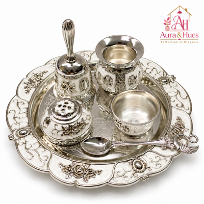Aura & Hues Handcrafted Small Decorative Pooja Thali Gift Box Set with 5 Festive Accessories - Pristine White Pearl Enamel Finish (20.5 x 20.5 cm)