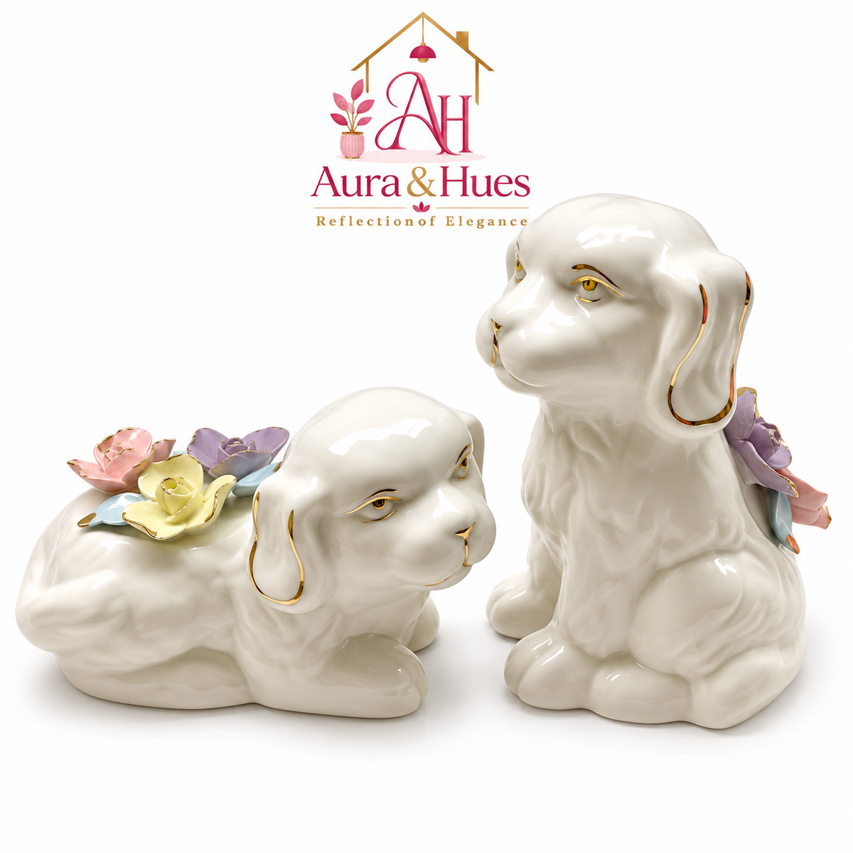 Aura & Hues 12-Inch Handcrafted Porcelain Dog Statue - Ivory White & Gold Accent Figurine