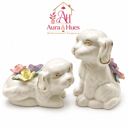 Aura & Hues 12-Inch Handcrafted Porcelain Dog Statue - Ivory White & Gold Accent Figurine