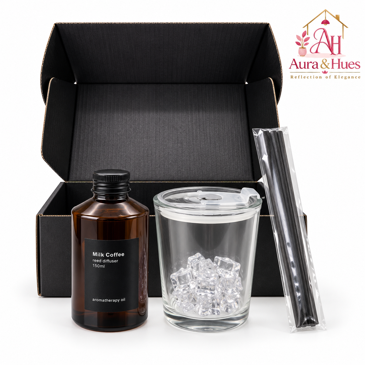 Aura & Hues Luxury Milk Coffee Aromatherapy Reed Diffuser Home Fragrance Gift Set with Natural Rattan Reeds and Black Glass Vessel (21.7 cm)
