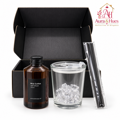 Aura & Hues Luxury Milk Coffee Aromatherapy Reed Diffuser Home Fragrance Gift Set with Natural Rattan Reeds and Black Glass Vessel (21.7 cm)