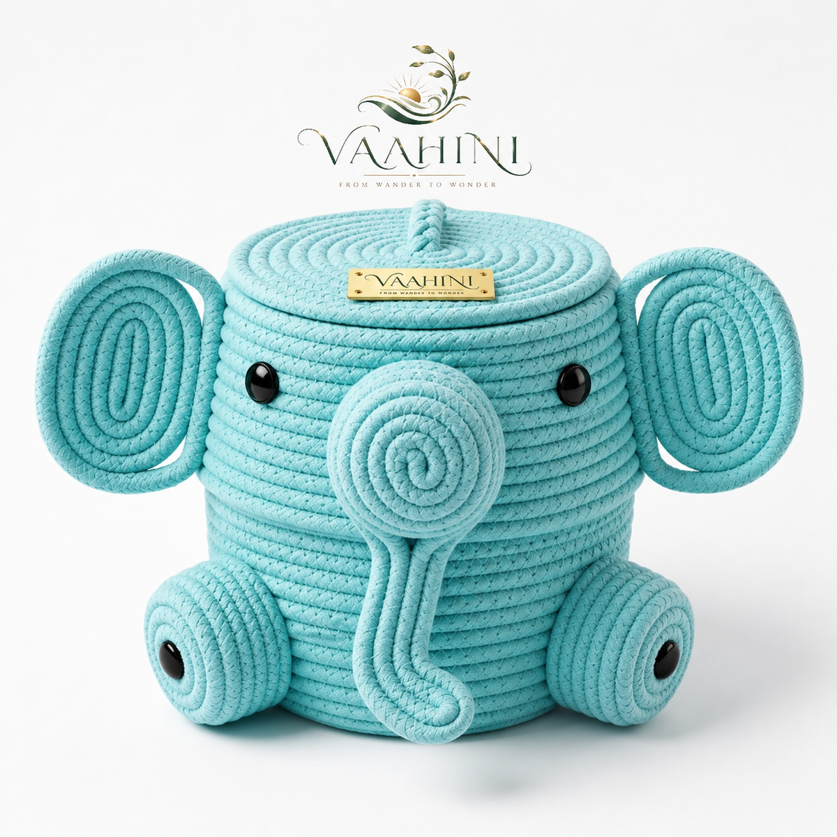 Vaahini Elephant Basket in Aqua – handmade cotton rope with lid