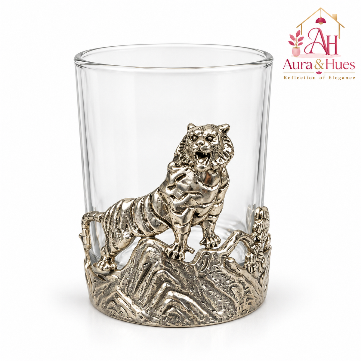Aura & Hues Luxury Galloping Tiger Whiskey Glass 300ml - Silver Embossed Barware