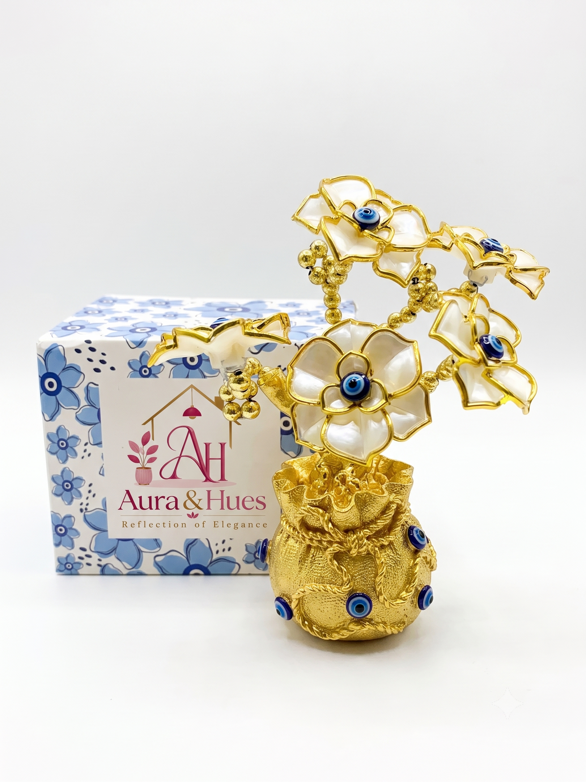 Aura & Hues 6.5-Inch Feng Shui Evil Eye Tree with Mini Money Potli Base - Blue & Gold