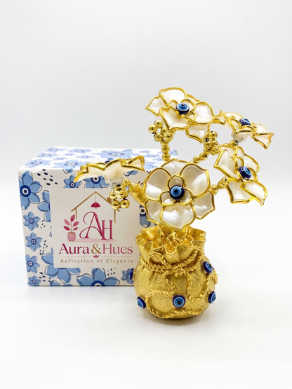Aura & Hues 6.5-Inch Feng Shui Evil Eye Tree with Mini Money Potli Base - Blue & Gold