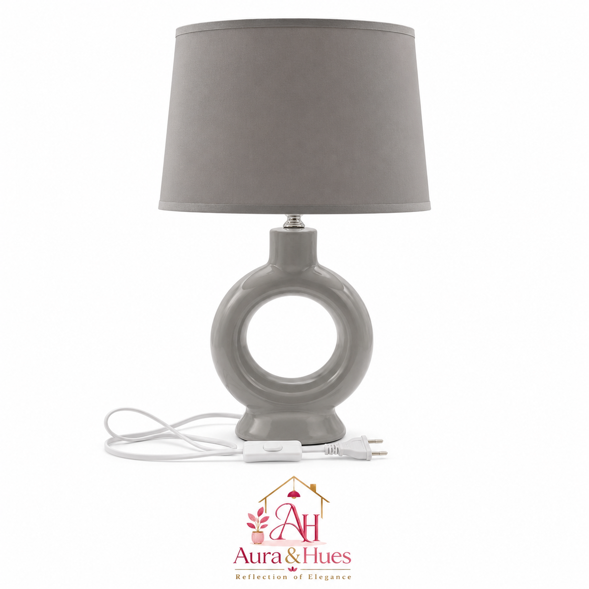 Aura & Hues Contemporary Sleek Grey Ceramic Table Lamp with Fabric Drum Shade for Home Office and Bedroom Accent Lighting