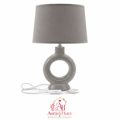 Aura & Hues Contemporary Sleek Grey Ceramic Table Lamp with Fabric Drum Shade for Home Office and Bedroom Accent Lighting