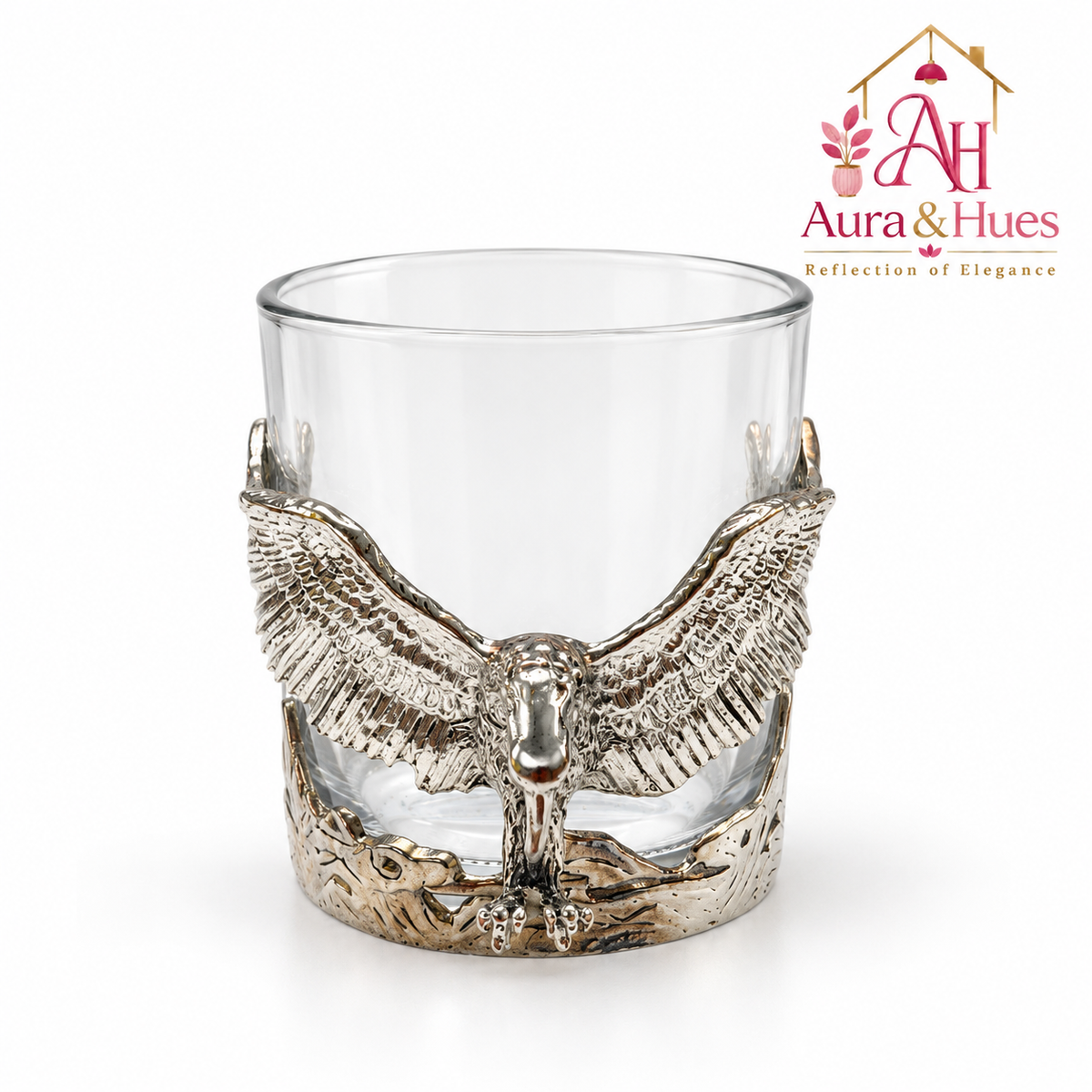 Aura & Hues Feng Shui Majestic Eagle Whiskey Glass 300ml - Silver Embossed Barware