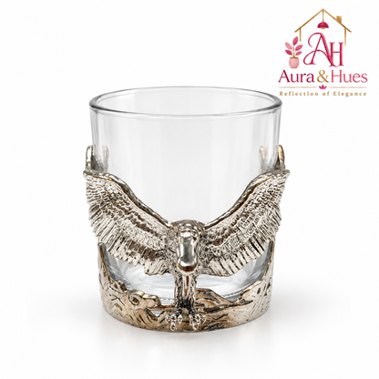 Aura & Hues Feng Shui Majestic Eagle Whiskey Glass 300ml - Silver Embossed Barware