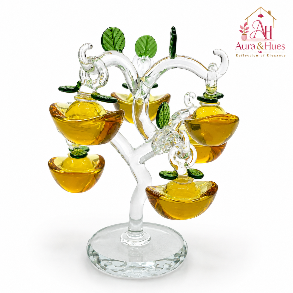 Aura & Hues Golden Harvest Crystal Tree Handcrafted Yellow Apple Glass Sculpture for Home Decor Living Room Table Centerpiece & Festive Gifting