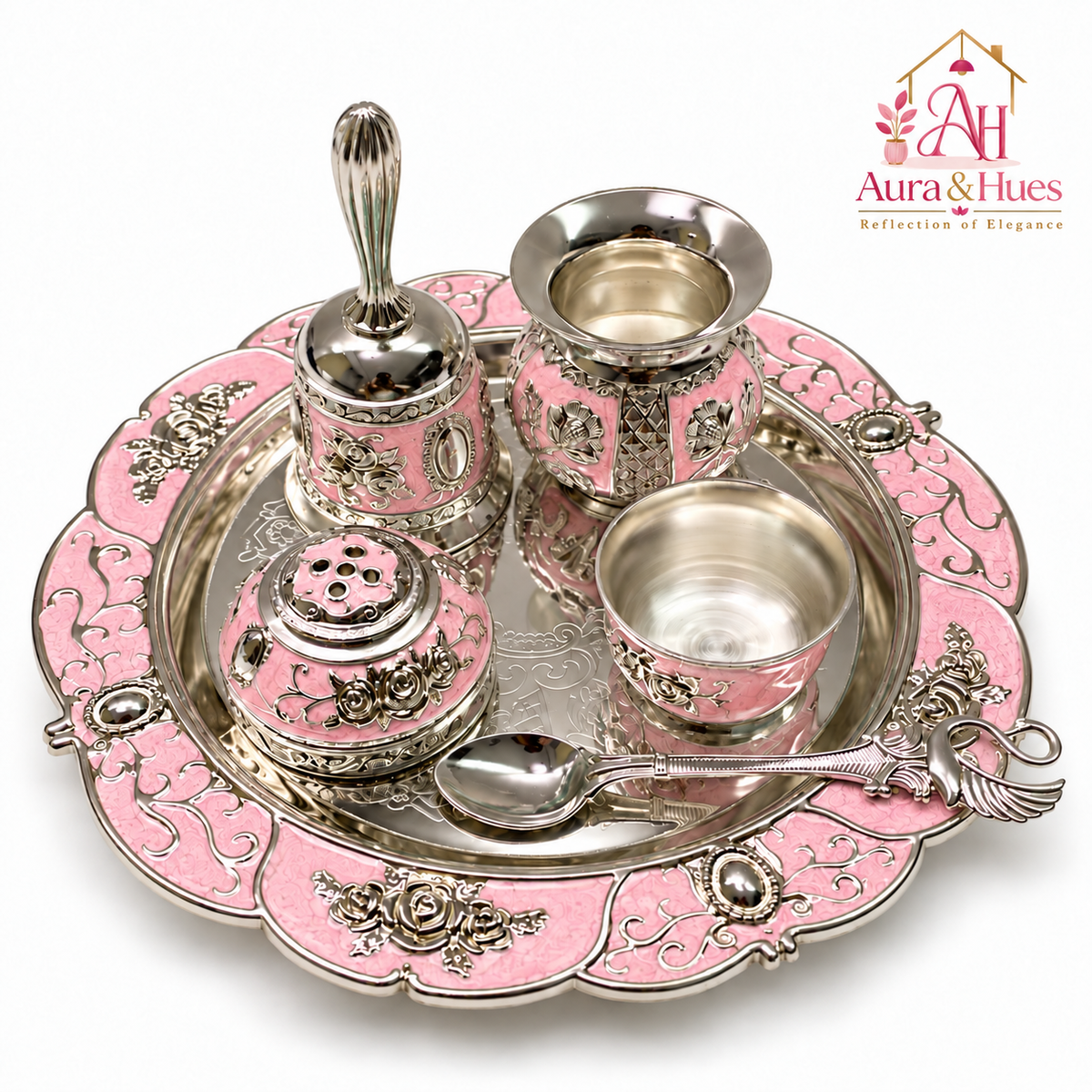 Aura & Hues Handcrafted Small Decorative Pooja Thali Gift Box Set with 5 Festive Accessories - Elegant Light Pink Enamel Finish (20.5 x 20.5 cm)