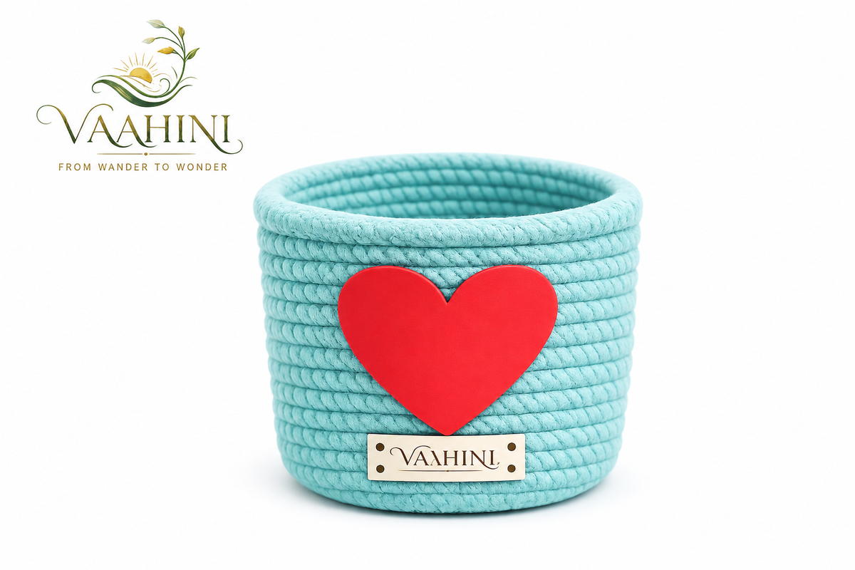Vaahini Cotton Rope Gift Basket with Heart - Aqua front view