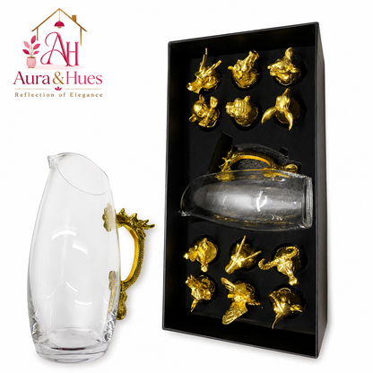 Aura & Hues Royal Golden Animal Head Shot Glasses Set of 6 with Decanter Jug and Serving Caddy for Luxury Barware Gifting