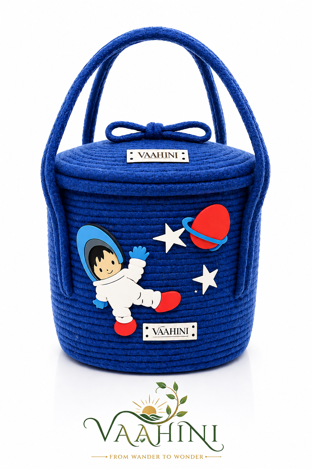 Vaahini Astronaut Blue Cotton Rope Kids Basket - Front View