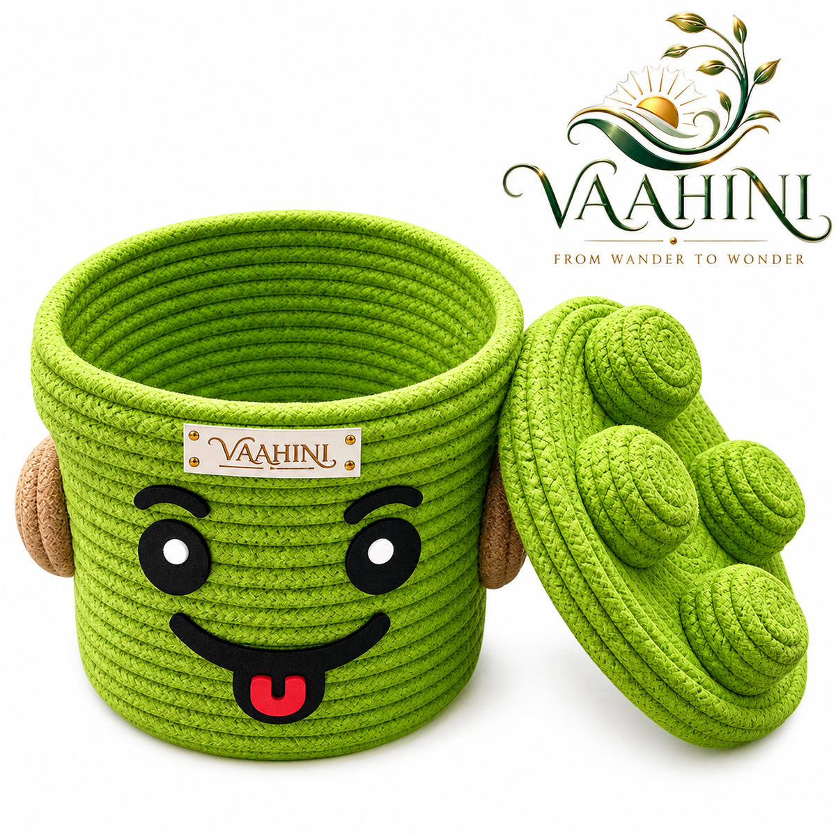 Vaahini Cotton Rope Smiley Basket Parrot Green with Lego Lid