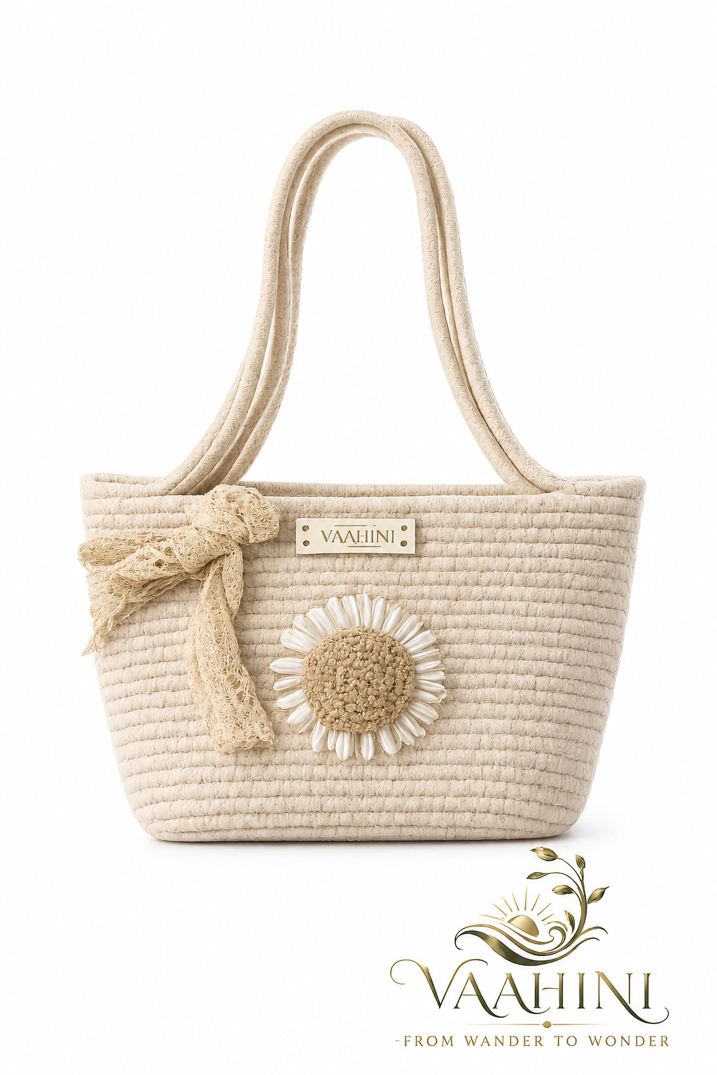 Vaahini Cotton Rope Daisy Handbag with Lace Bow - Front View