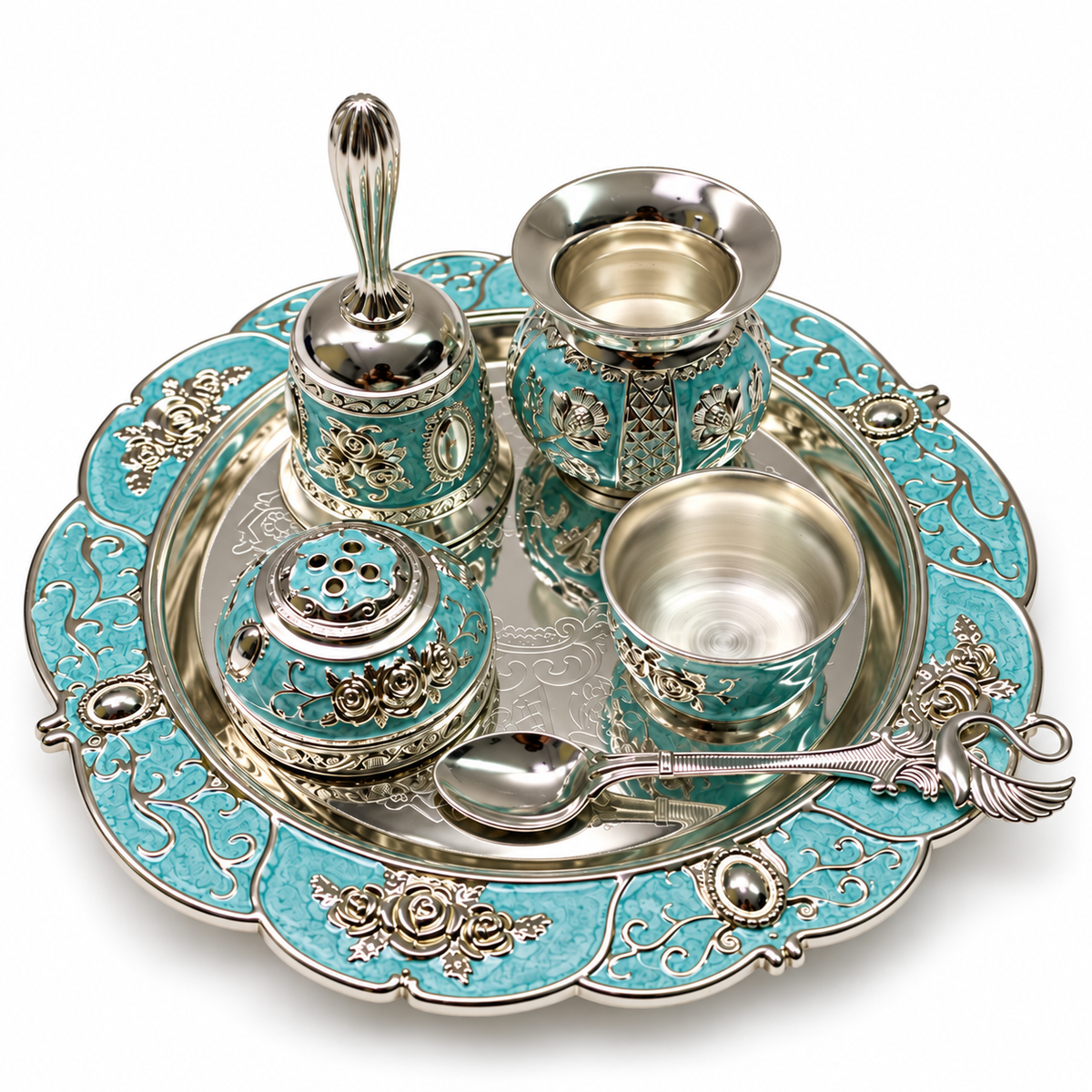 Aura & Hues Handcrafted Small Decorative Pooja Thali Gift Box Set with 5 Festive Accessories - Elegant Light Blue Enamel Finish (20.5 x 20.5 cm)