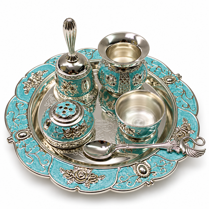 Aura & Hues Handcrafted Small Decorative Pooja Thali Gift Box Set with 5 Festive Accessories - Elegant Light Blue Enamel Finish (20.5 x 20.5 cm)