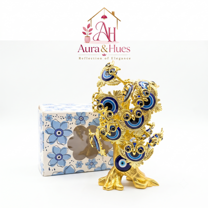 Aura & Hues 12-Inch Feng Shui Evil Eye Tree with Wise Owl Figurine - Blue & Gold Protection Decor