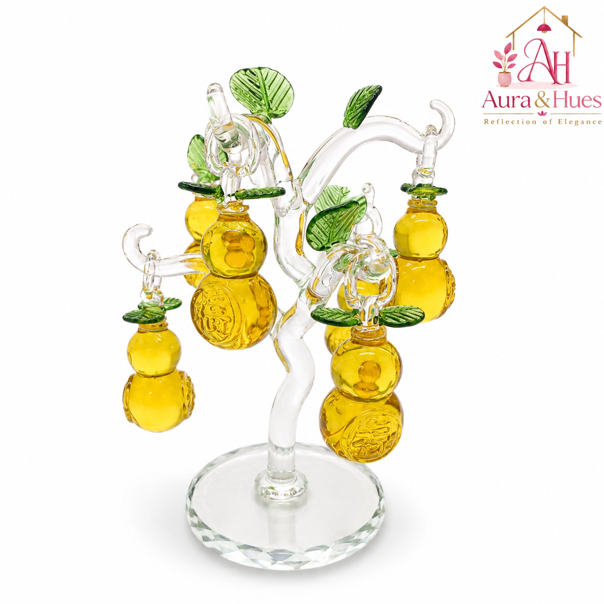Aura & Hues Crystal Fortune Gourd Tree Handcrafted Yellow Wu Lou Sculpture for Feng Shui Good Luck Living Room Office Decor & Festive Gifting