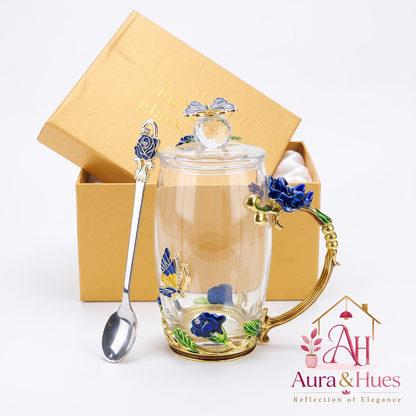 Aura & Hues 24K Gold Handpainted Ceramic Coffee Mug with Lid & Spoon 250ml - Royal Blue