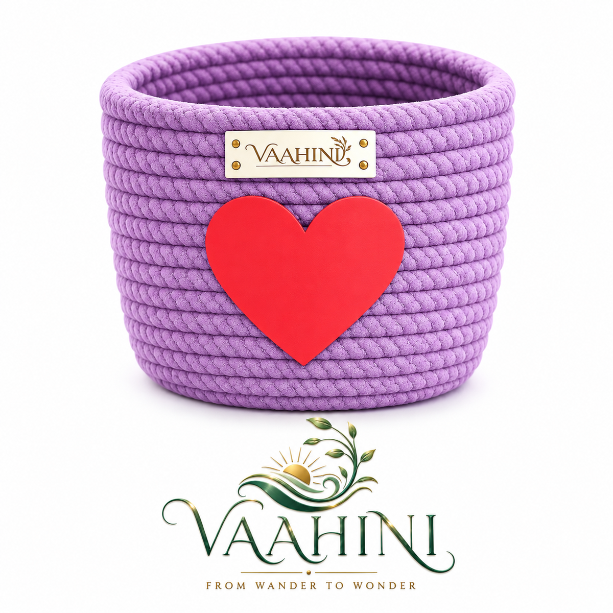 Vaahini purple cotton rope gift basket with red heart - front view
