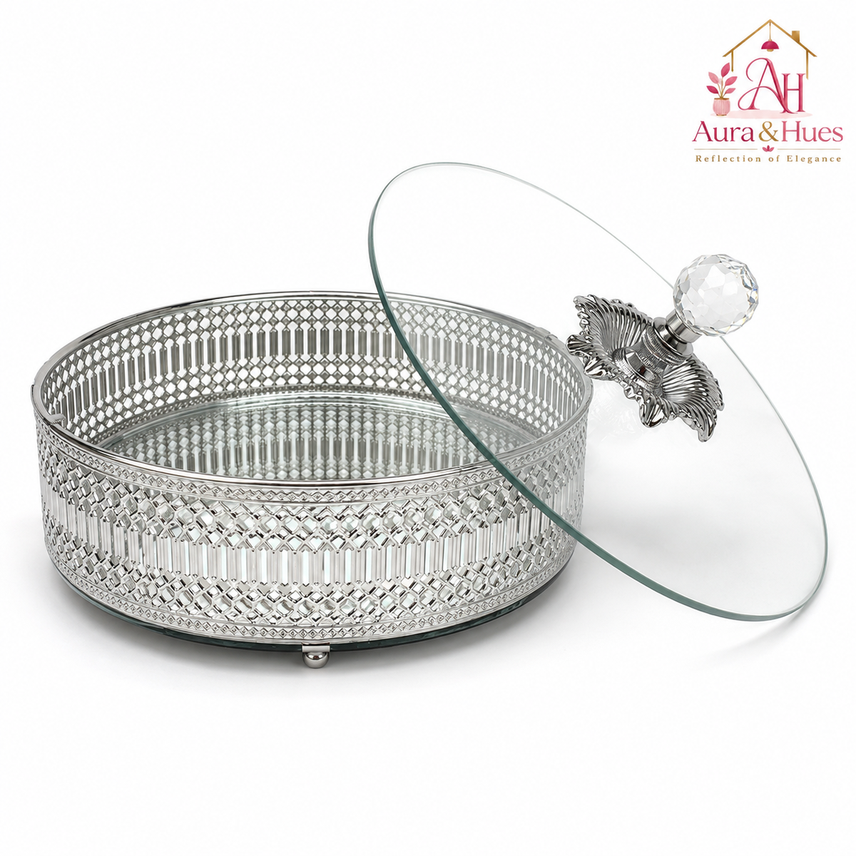 Aura & Hues Celestia Crystal-Lid Silver Keepsake Box Round Metal Decorative Box with Mirrored Base and Glass Lid for Dry Fruits and Jewellery