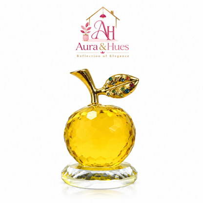 Aura & Hues Golden Orchard Crystal Apple Radiant Amber Yellow Faceted Glass Figurine with Jewelled Gold Leaf for Home Decor and Gifting