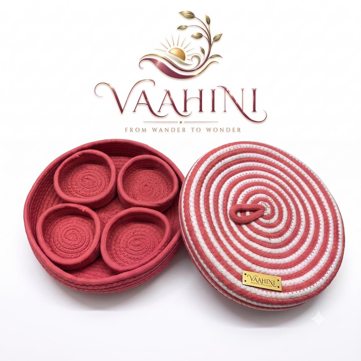 Vaahini Cotton Rope Dry Fruit Basket with 4 inner trays - Pink White