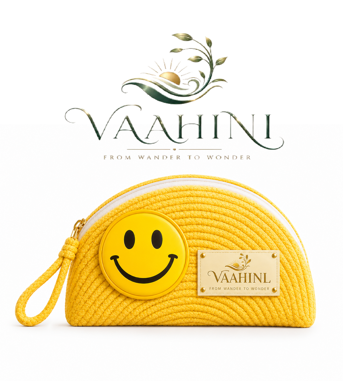Vaahini Cotton Rope Smiley Coin Pouch Yellow - Side view