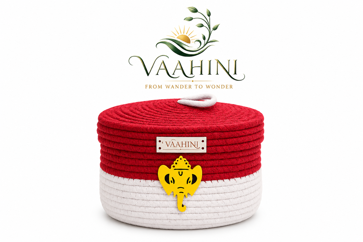Vaahini Cotton Rope Dual Colored Ganpati Baskets with Lid for Temples