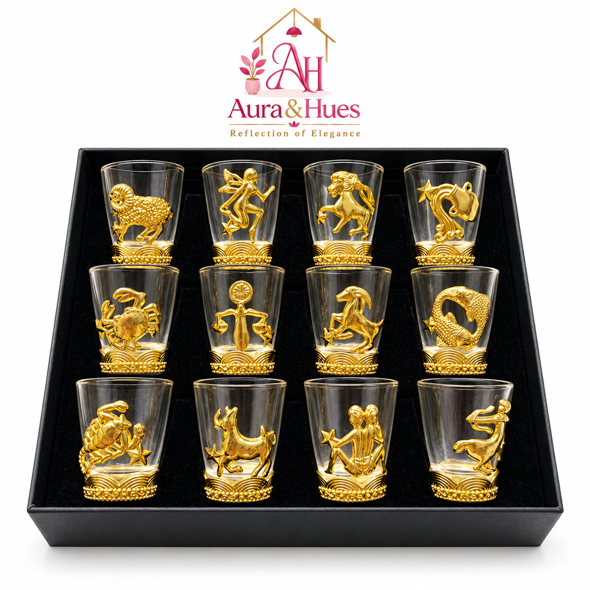 Aura & Hues 12-Piece Zodiac Sign Golden Shot Glass Set with Luxury Gift Box - 40ml