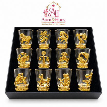 Aura & Hues 12-Piece Zodiac Sign Golden Shot Glass Set with Luxury Gift Box - 40ml