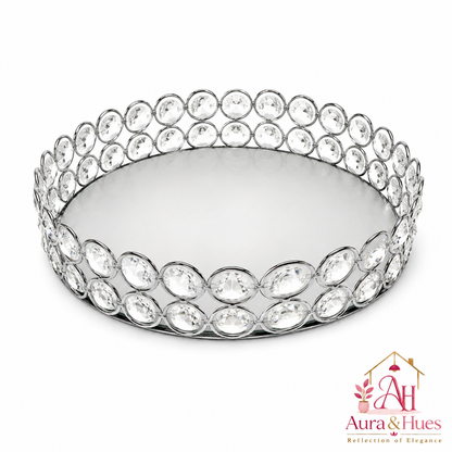 Aura & Hues Celestia Crystal Mirror Tray Round Silver Decorative Vanity Tray with Faceted Crystals for Perfumes, Candles, and Tabletop Decor