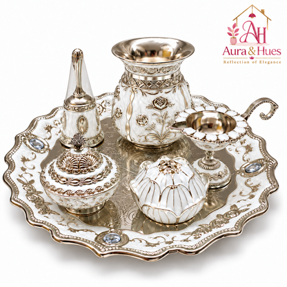 Aura & Hues Premium Royal Decorative Big Pooja Thali Set with 6 Essential Ritual Items - Elegant White Artisan Painted Centerpiece (30 x 30 cm)