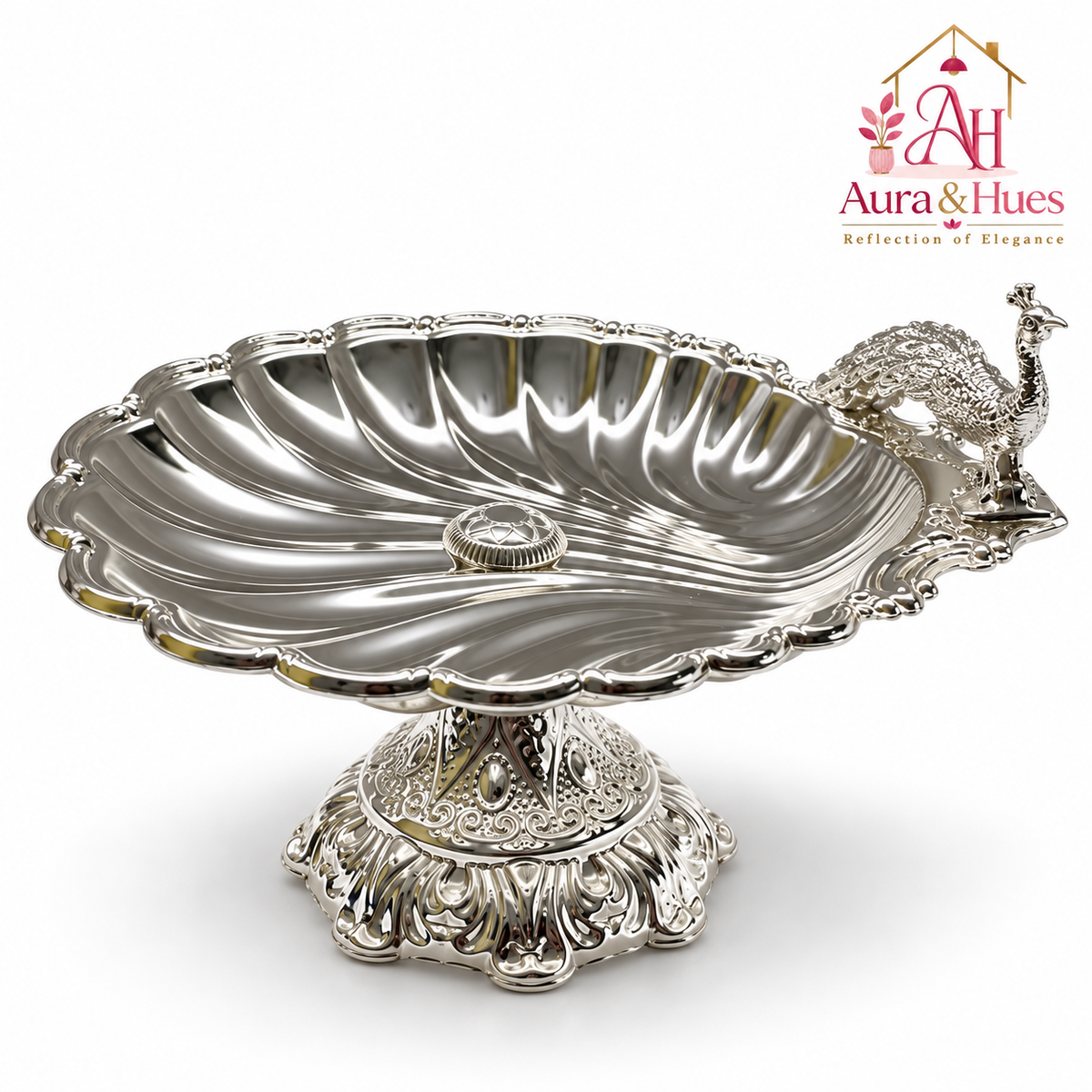 Aura & Hues Elegant Small Footed Round Serving Platter Pedestal Stand with Majestic Peacock Engraving & Nut Bolt Assembly (Silver, 22.5 cm)