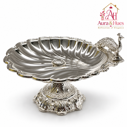 Aura & Hues Elegant Small Footed Round Serving Platter Pedestal Stand with Majestic Peacock Engraving & Nut Bolt Assembly (Silver, 22.5 cm)