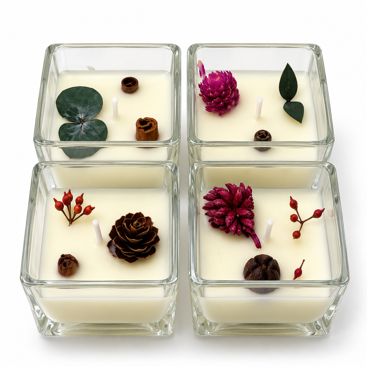 Candles Square Shaped in Glass 4 Pcs. Set