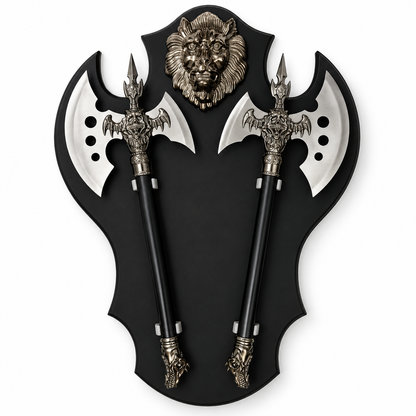Axe Set of 2 with Lion Face Wall Hanging Board