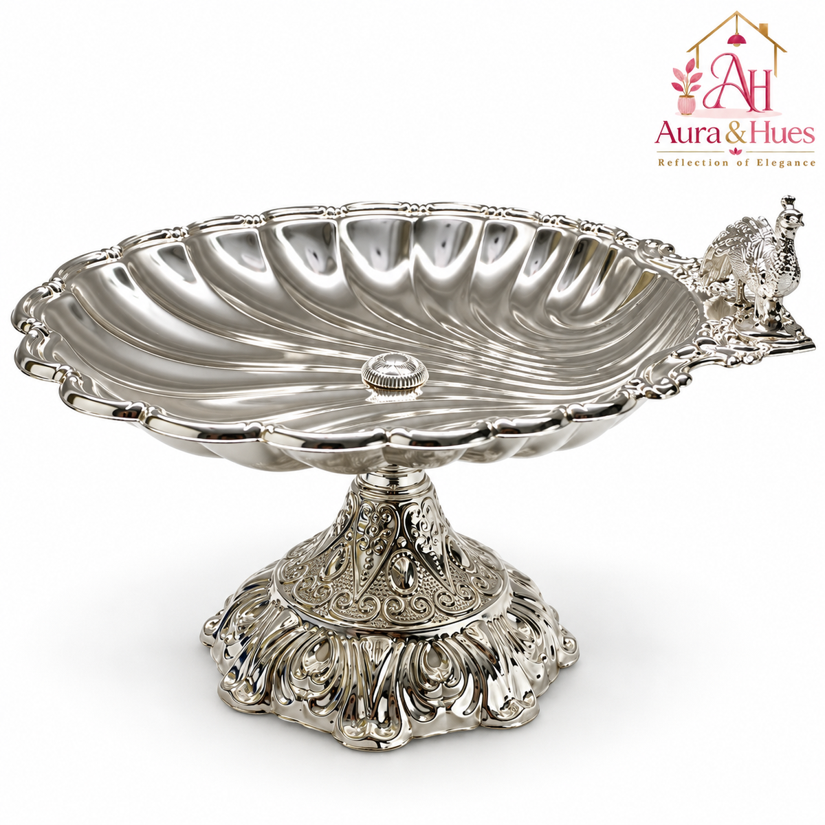 Aura & Hues Royal Large Footed Round Serving Platter and Cake Stand with Embossed Peacock Motif, Nut Bolt Fitting & Diamond Studs (Silver, 33.5 cm)