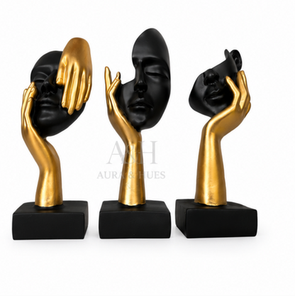 Abstract Face Sculpture Set – Black & Gold (Set of 3)