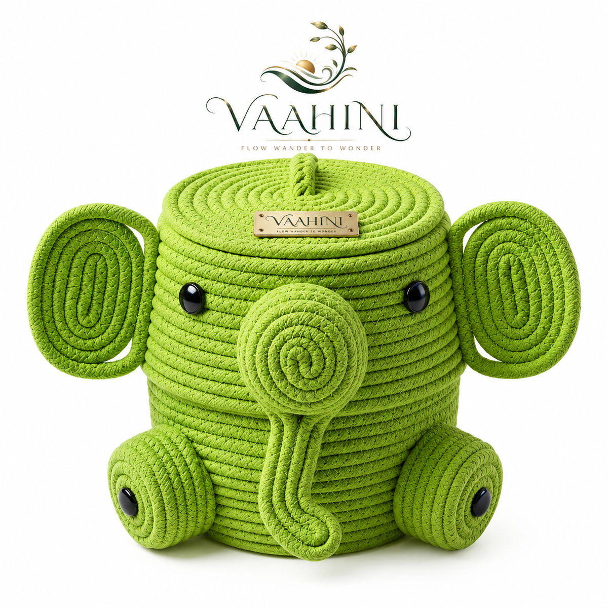 Vaahini Elephant Basket Parrot Green – side view showing lid and trunk detail