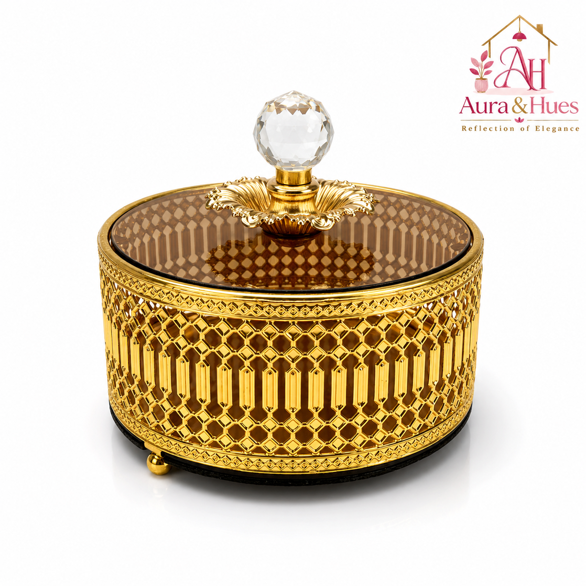 Aura & Hues Regal Lattice Treasure Box Golden Metal Decorative Keepsake Box with Smoked Glass Lid and Crystal Knob for Dry Fruits, Jewellery and Gifting