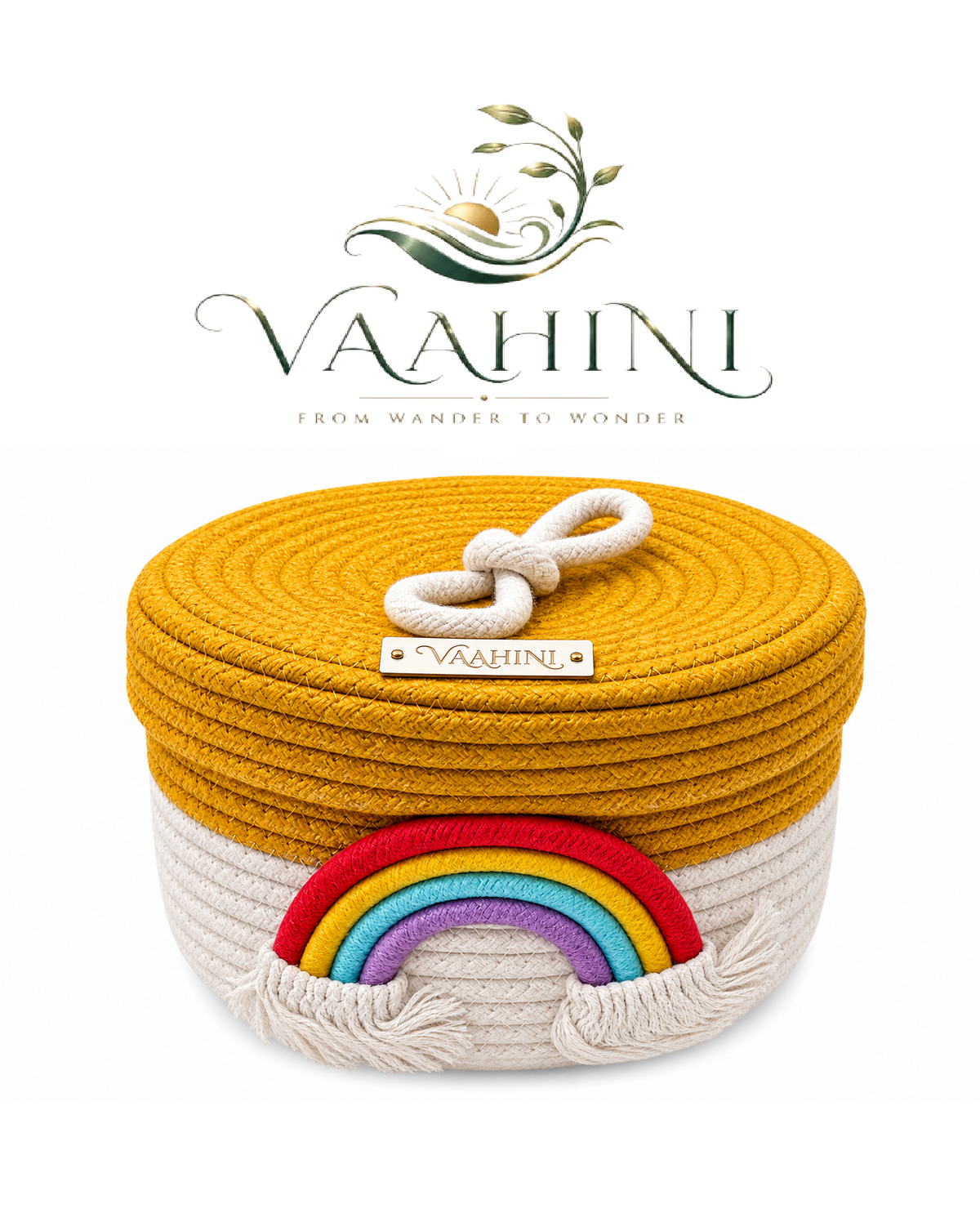 Vaahini Rainbow Cotton Rope Basket – front view with lid