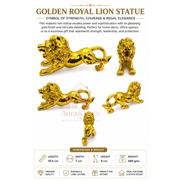Royal Golden Lion Showpiece for Home Decor, Premium Metallic Finish