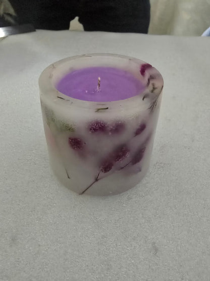 Lavender Scented Botanical Pillar Candle, Para-Soy Wax with Embedded Floral Details, Light Purple Decorative Candle for Home Décor & Gifting, 8 cm Height × 7 cm Diameter, 250 g