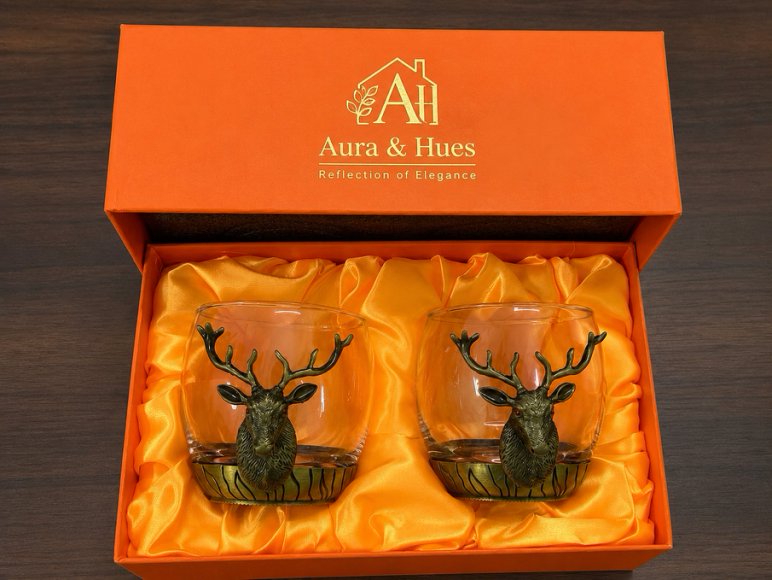 Premium Luxury Whisky Tumbler Glasses with Metal Deer Head & Base Set of 2, Designer Scotch, Bourbon & Cocktail Glasses